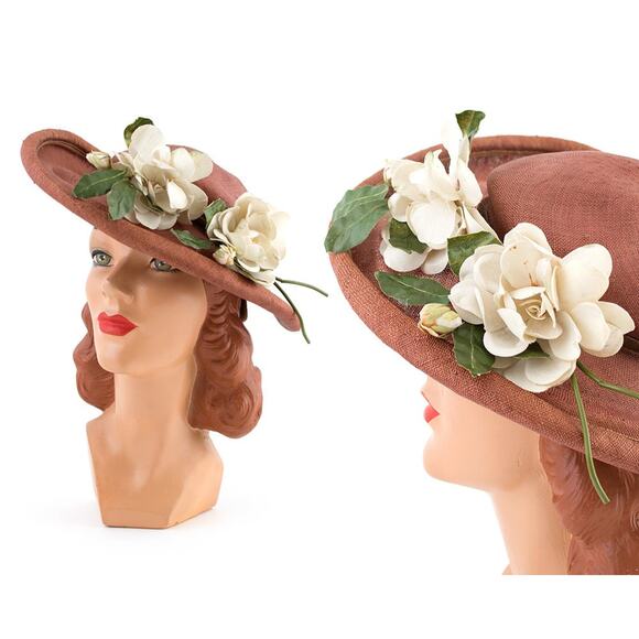 Vintage 1950s Sun Hat 50s White Floral Woven Brown Straw Wide Brim Picture Hat